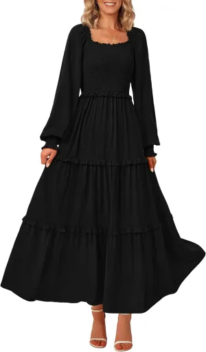 PRETTYGARDEN Women's Smocked Spring Maxi Dress Casual Fall Long Sleeve Square Neck Tiered A Line Flowy Dresses with Pockets