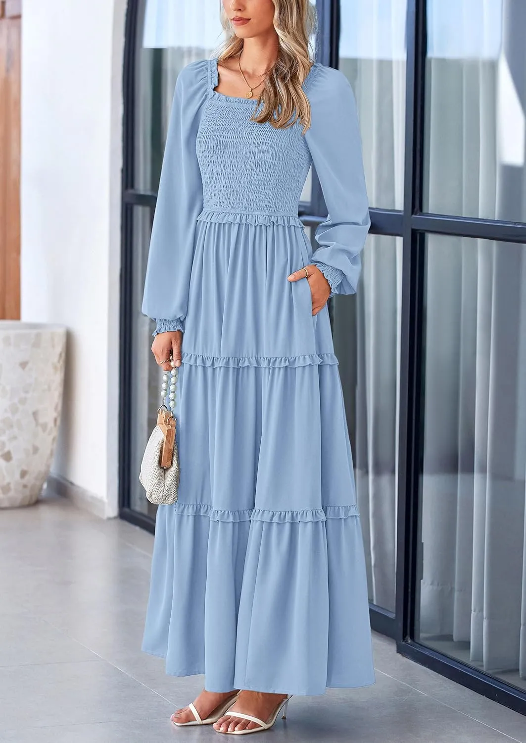 PRETTYGARDEN Women's Smocked Spring Maxi Dress Casual Fall Long Sleeve Square Neck Tiered A Line Flowy Dresses with Pockets