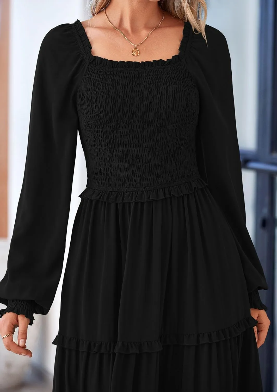 PRETTYGARDEN Women's Smocked Spring Maxi Dress Casual Fall Long Sleeve Square Neck Tiered A Line Flowy Dresses with Pockets