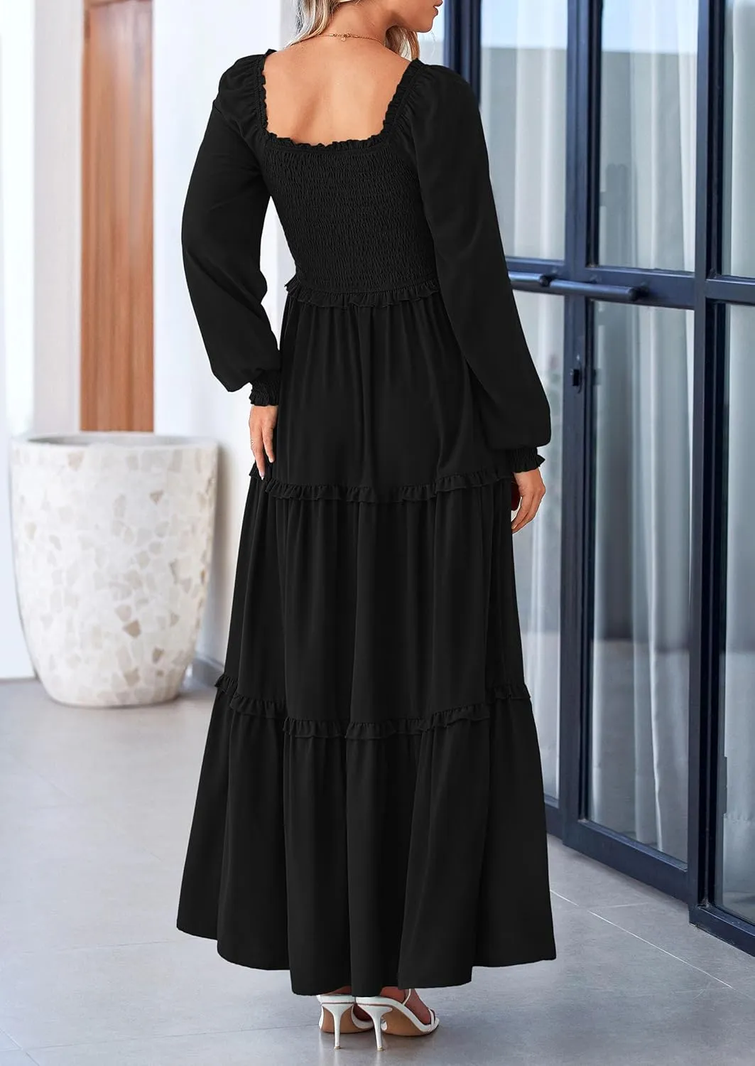 PRETTYGARDEN Women's Smocked Spring Maxi Dress Casual Fall Long Sleeve Square Neck Tiered A Line Flowy Dresses with Pockets