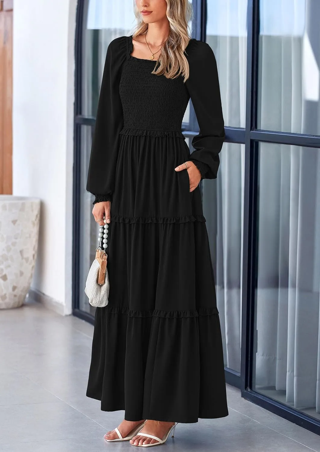 PRETTYGARDEN Women's Smocked Spring Maxi Dress Casual Fall Long Sleeve Square Neck Tiered A Line Flowy Dresses with Pockets