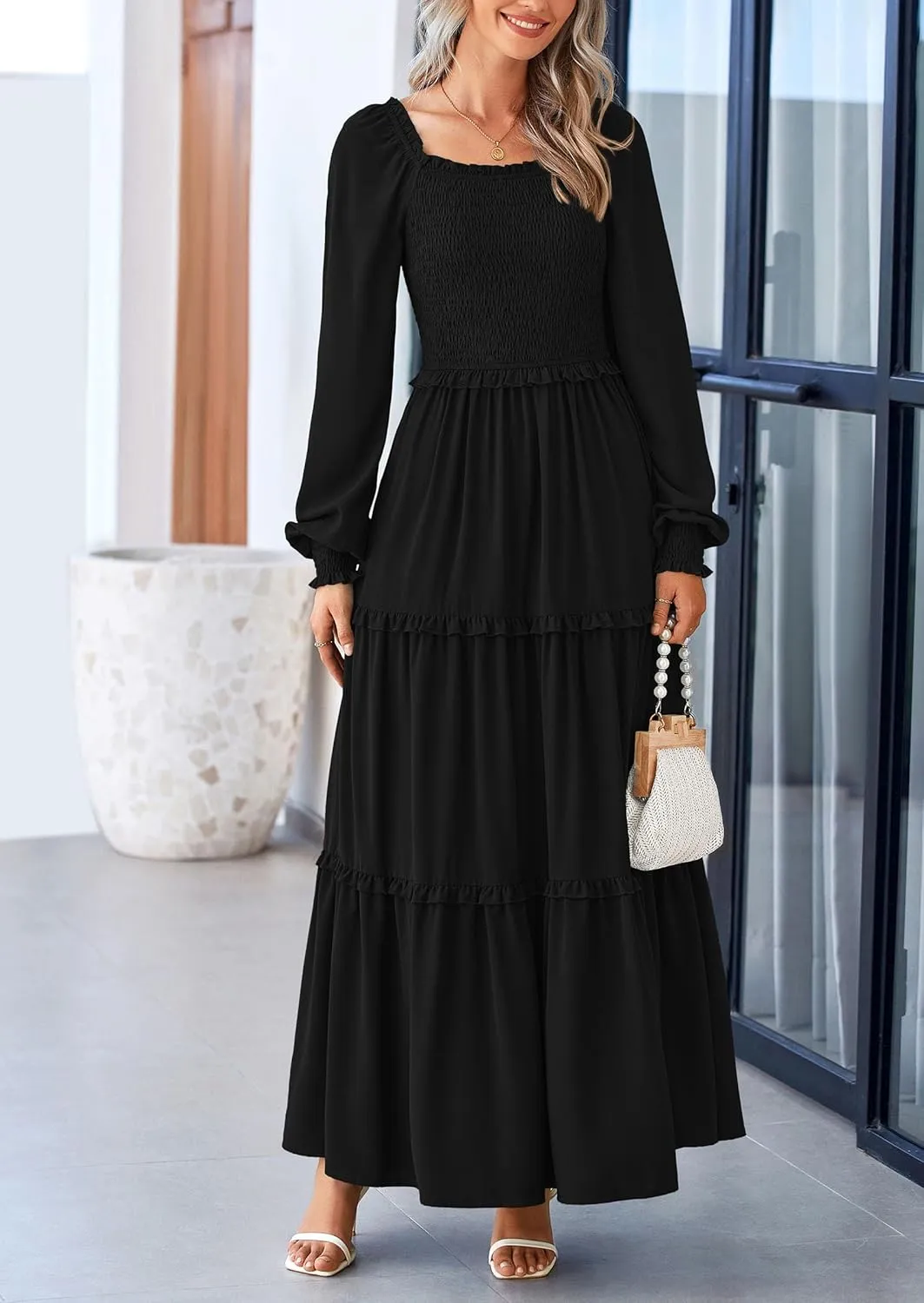 PRETTYGARDEN Women's Smocked Spring Maxi Dress Casual Fall Long Sleeve Square Neck Tiered A Line Flowy Dresses with Pockets