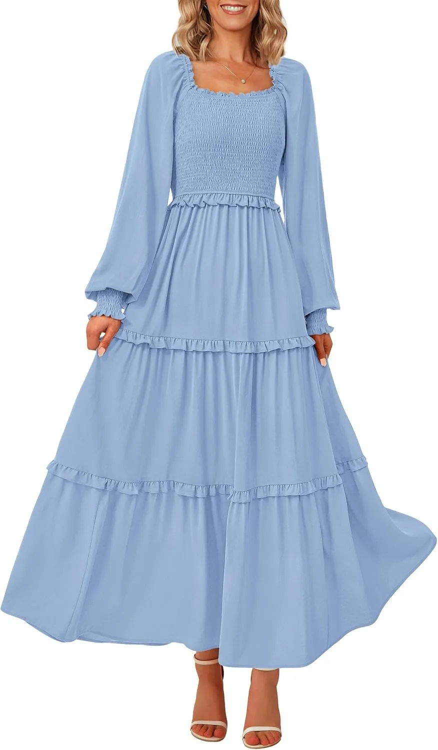 PRETTYGARDEN Women's Smocked Spring Maxi Dress Casual Fall Long Sleeve Square Neck Tiered A Line Flowy Dresses with Pockets