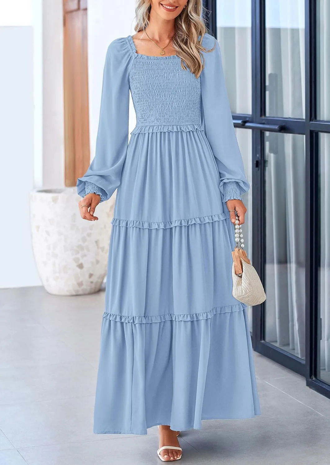 PRETTYGARDEN Women's Smocked Spring Maxi Dress Casual Fall Long Sleeve Square Neck Tiered A Line Flowy Dresses with Pockets