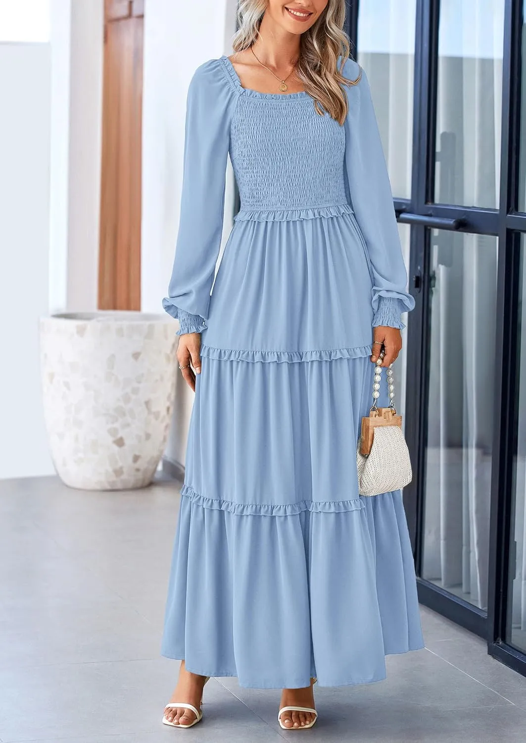 PRETTYGARDEN Women's Smocked Spring Maxi Dress Casual Fall Long Sleeve Square Neck Tiered A Line Flowy Dresses with Pockets