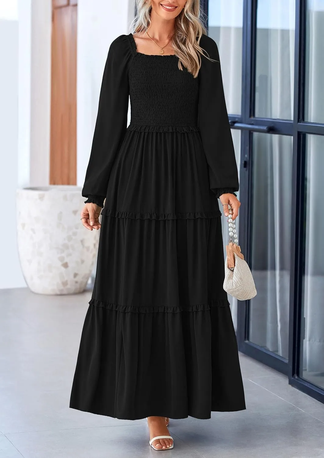PRETTYGARDEN Women's Smocked Spring Maxi Dress Casual Fall Long Sleeve Square Neck Tiered A Line Flowy Dresses with Pockets