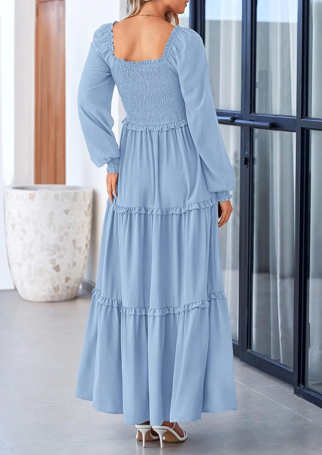 PRETTYGARDEN Women's Smocked Spring Maxi Dress Casual Fall Long Sleeve Square Neck Tiered A Line Flowy Dresses with Pockets