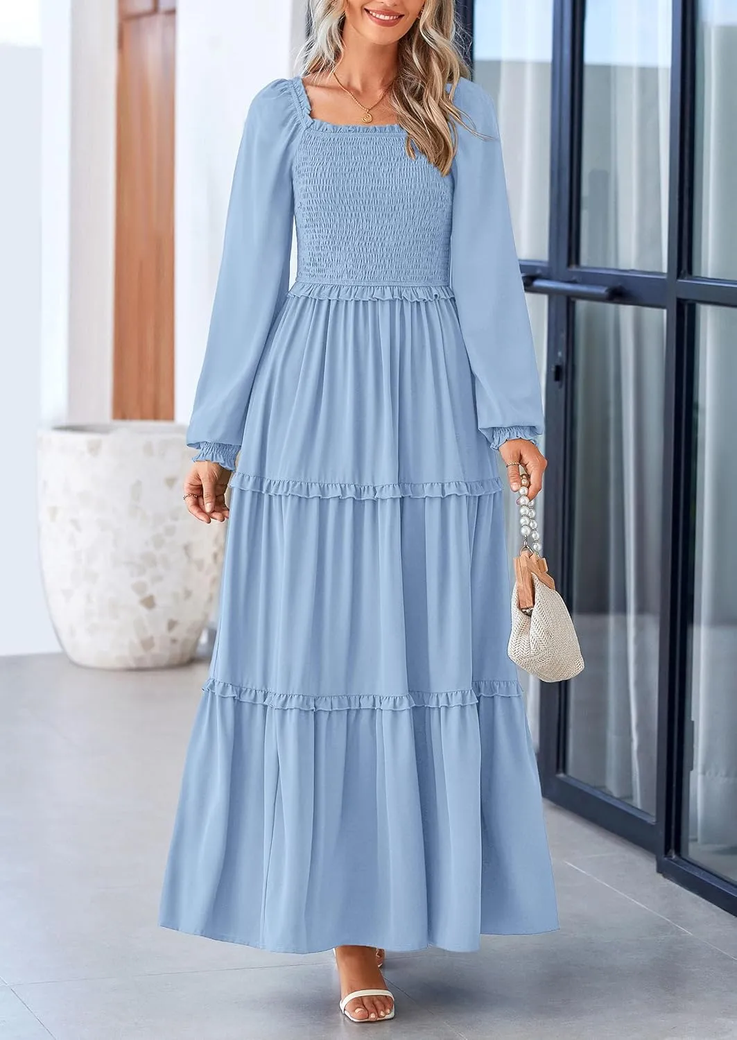 PRETTYGARDEN Women's Smocked Spring Maxi Dress Casual Fall Long Sleeve Square Neck Tiered A Line Flowy Dresses with Pockets