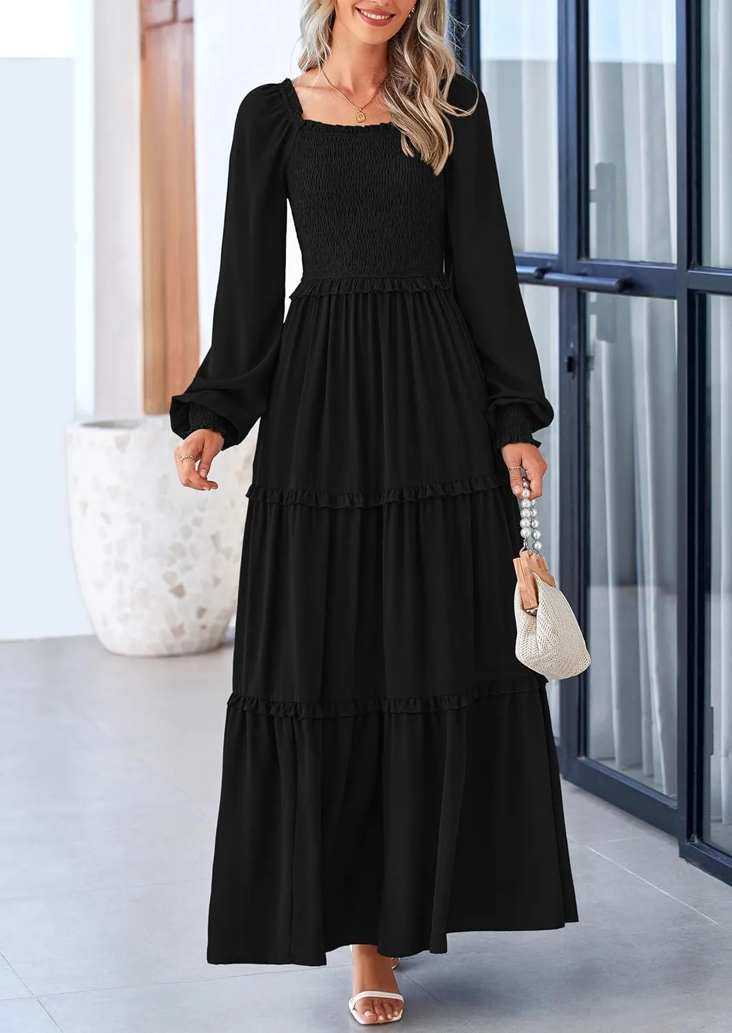 PRETTYGARDEN Women's Smocked Spring Maxi Dress Casual Fall Long Sleeve Square Neck Tiered A Line Flowy Dresses with Pockets