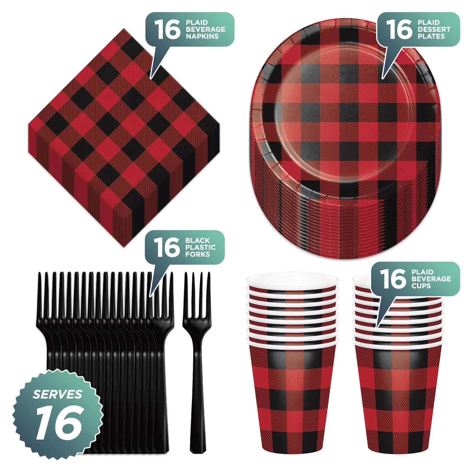 Red & Black Buffalo Plaid Party Dessert Plates, Napkins, Cups, and Forks (Serves 16)