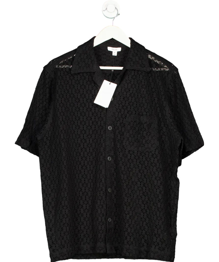 REISS Black Elvis Cotton Blend Crochet Cuban Collar Shirt UK M