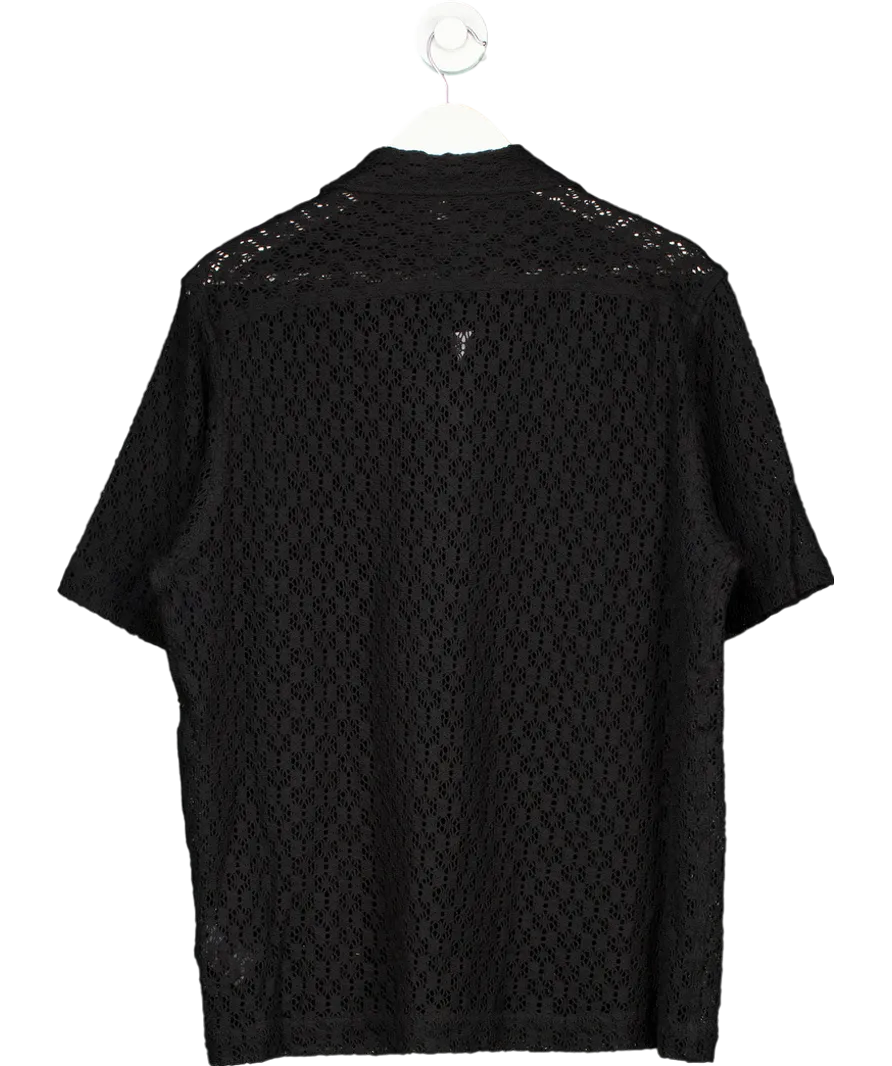 REISS Black Elvis Cotton Blend Crochet Cuban Collar Shirt UK M
