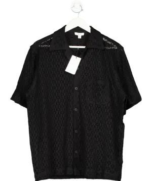 REISS Black Elvis Cotton Blend Crochet Cuban Collar Shirt UK M