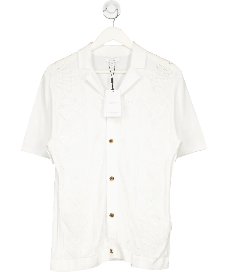 REISS White Fortune Cable Knit Cuban Collar Shirt UK M