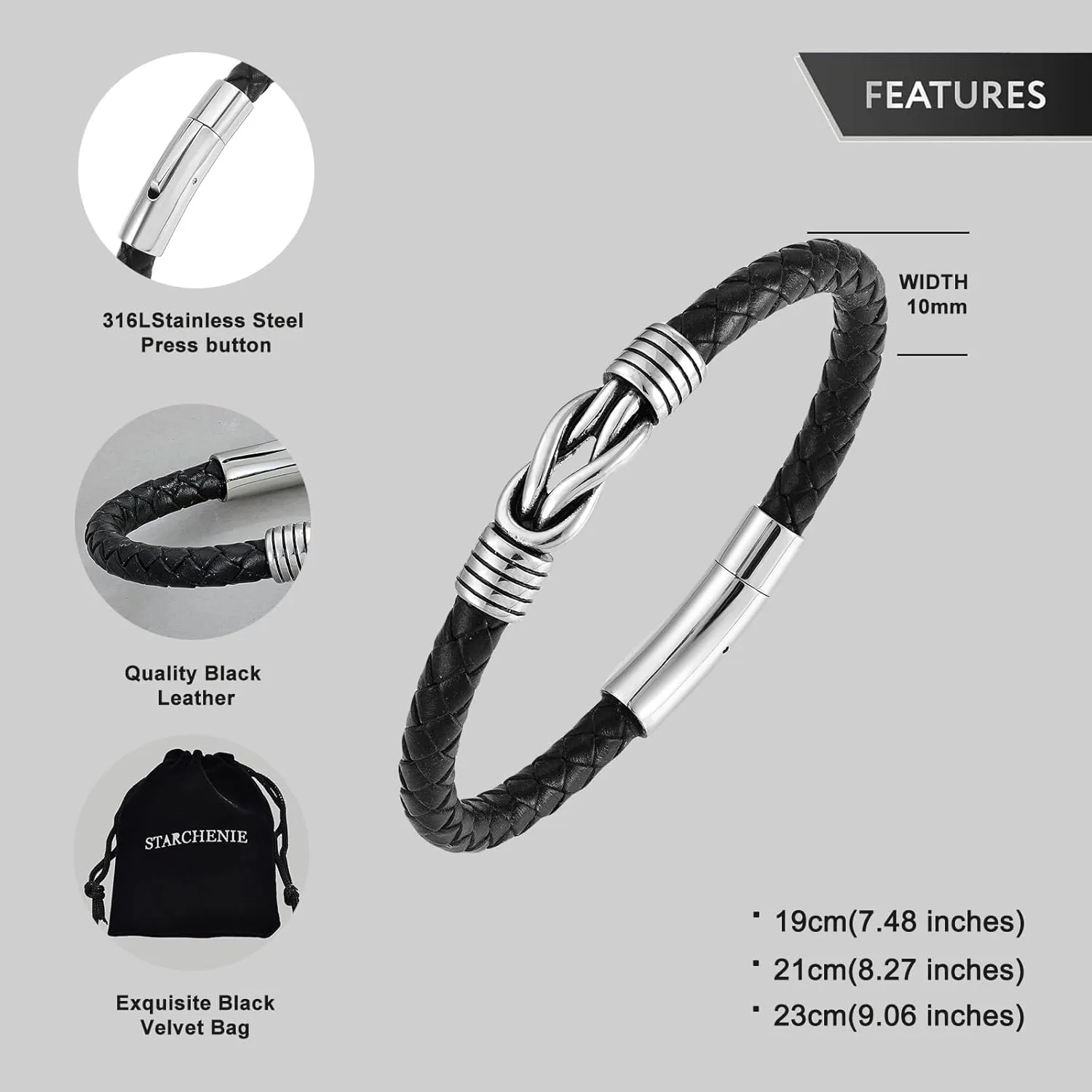 STARCHENIE Leather Infinity Knot Bracelet for Men Stainless Steel Men's Black Braided Leather Bangle Bracelets