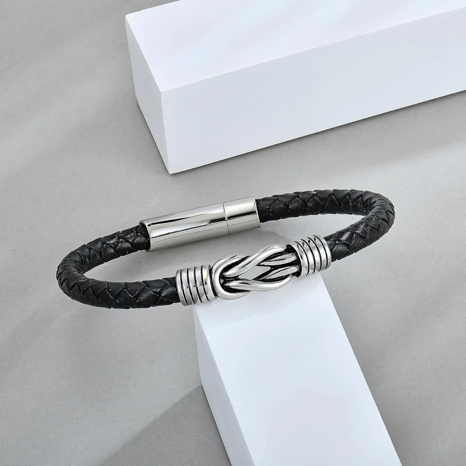 STARCHENIE Leather Infinity Knot Bracelet for Men Stainless Steel Men's Black Braided Leather Bangle Bracelets