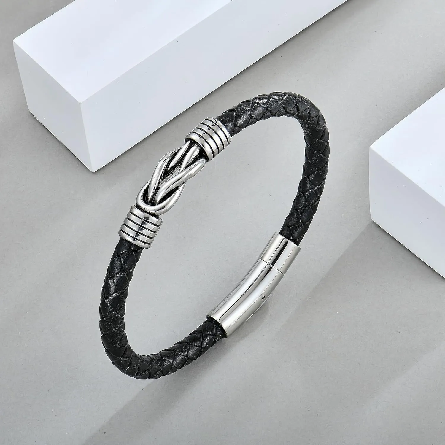 STARCHENIE Leather Infinity Knot Bracelet for Men Stainless Steel Men's Black Braided Leather Bangle Bracelets