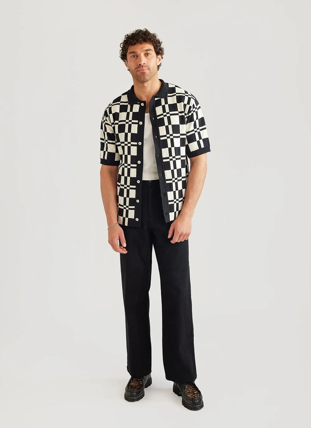 The Low Talker Knitted Shirt | Seinfeld x Percival | Black with Cream