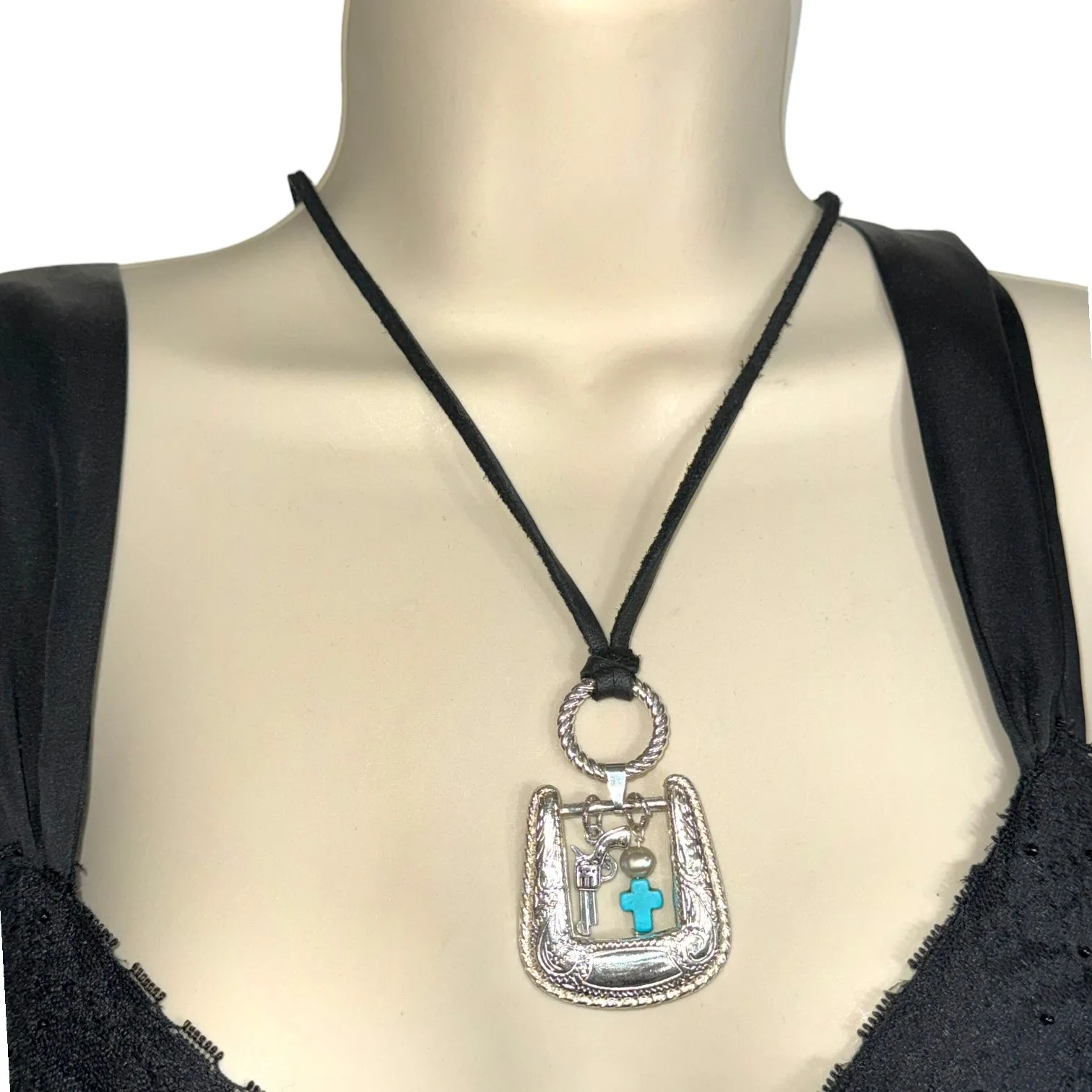 Upcycled Vintage Belt Buckle Pendant W/ Turquoise Western Style Leather Necklace
