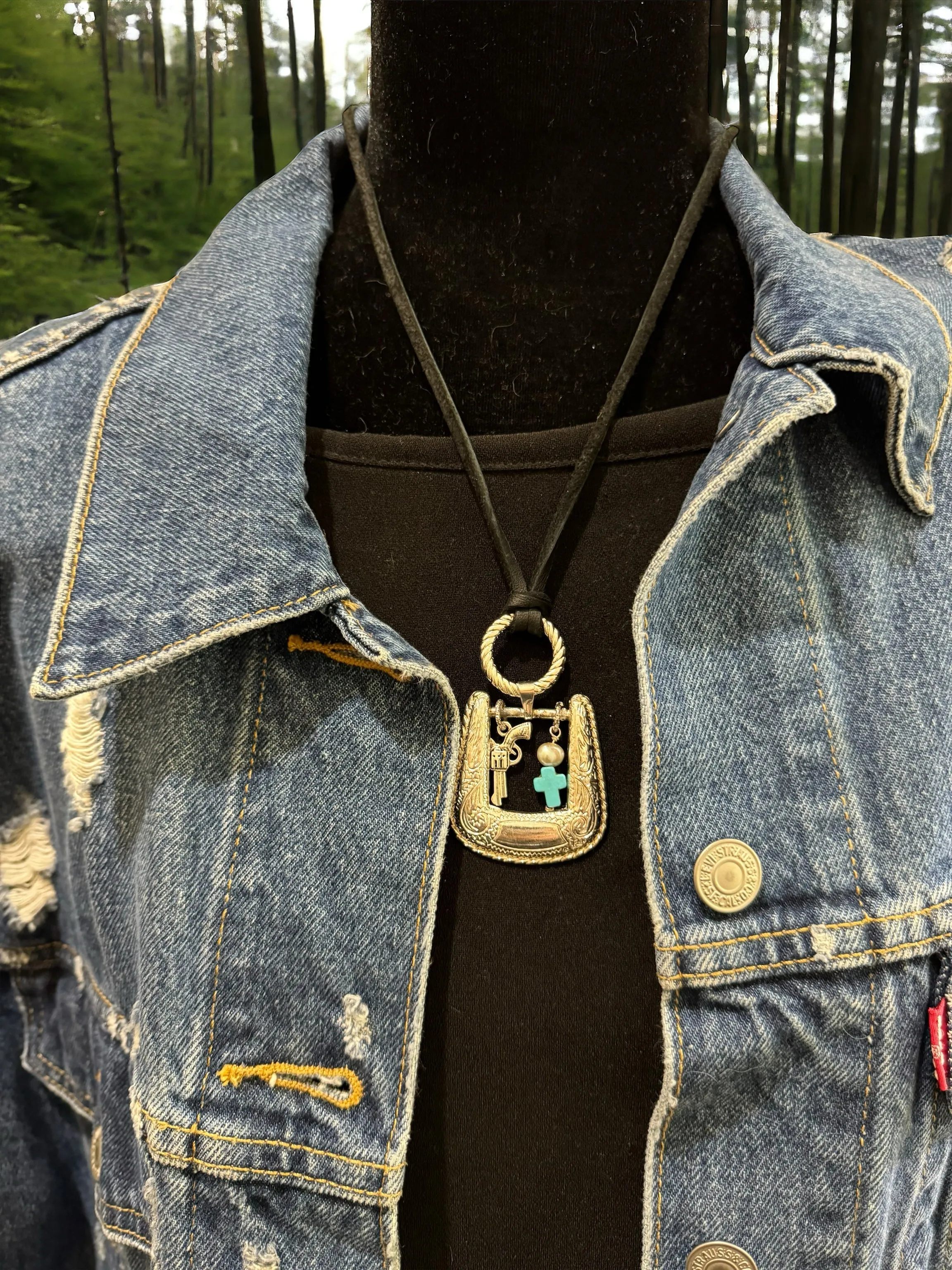 Upcycled Vintage Belt Buckle Pendant W/ Turquoise Western Style Leather Necklace