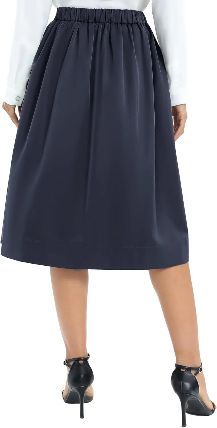 Urban CoCo Women's Casual Elastic Waist Vintage A-Line Pleated Flared Midi Skirt with Pockets