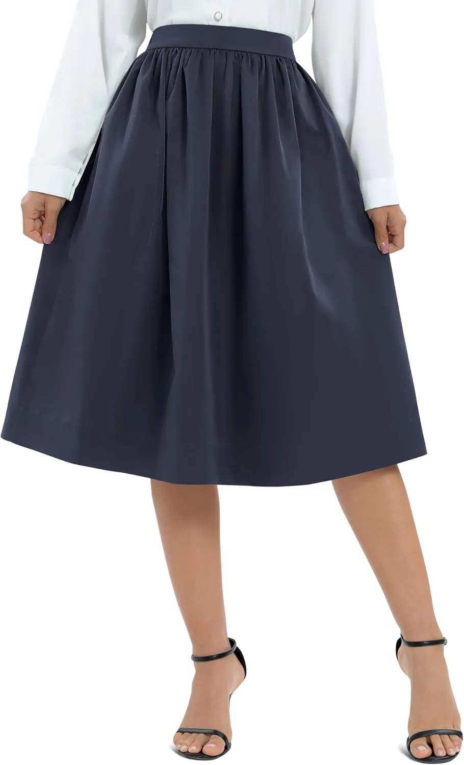 Urban CoCo Women's Casual Elastic Waist Vintage A-Line Pleated Flared Midi Skirt with Pockets