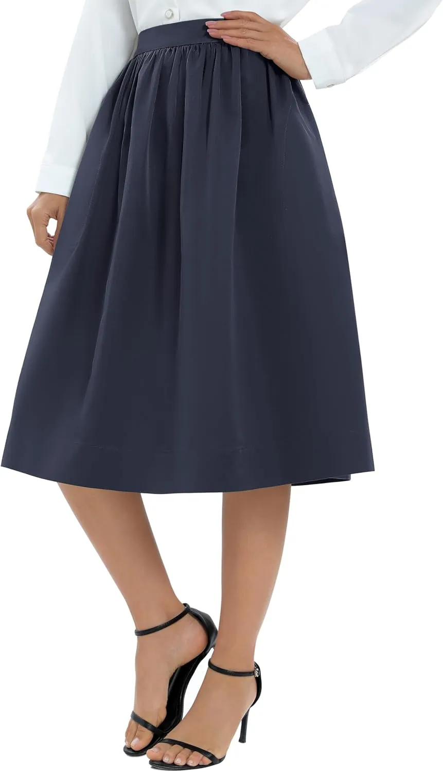 Urban CoCo Women's Casual Elastic Waist Vintage A-Line Pleated Flared Midi Skirt with Pockets