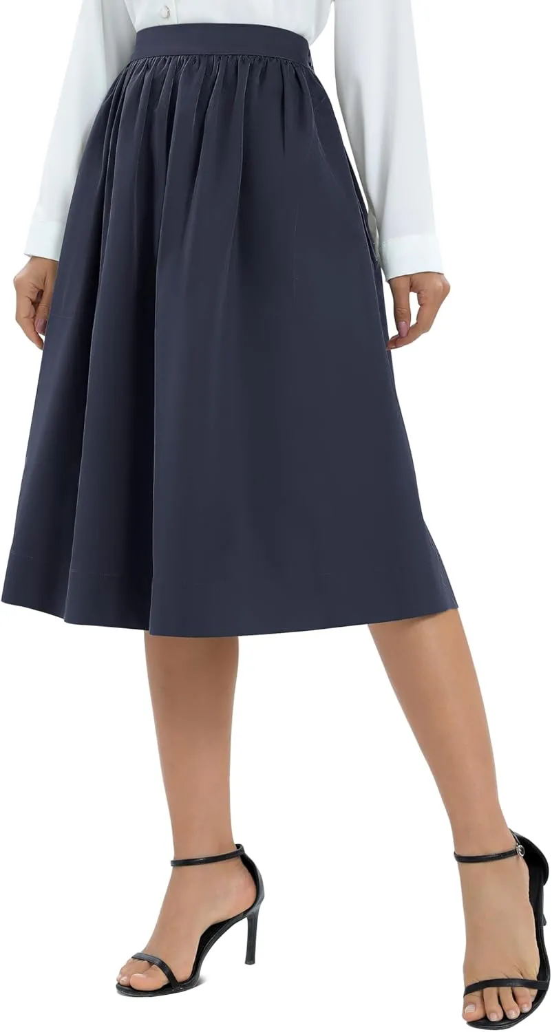 Urban CoCo Women's Casual Elastic Waist Vintage A-Line Pleated Flared Midi Skirt with Pockets