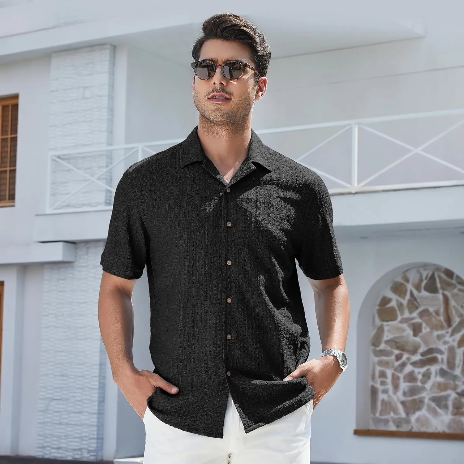 WARHORSEE Mens Dress Shirts Short Sleeve Performance 4-Way Stretch Wrinkle Free Casual Button Down Shirt