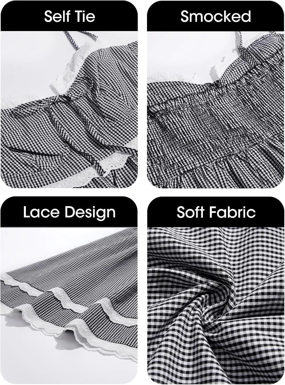Wenrine Womens Summer Mini Dress Spaghetti Strap Sweetheart Y2K Plaid Lace Trim Tiered Beach Sundress Dresses