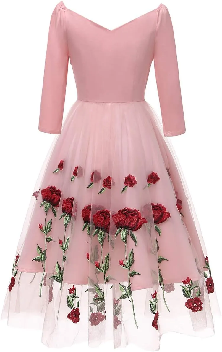 Women 1950s Vintage Pinup Audrey Hepburn Rockabilly Swing Off Shoulder Rose Floral Cocktail Party Dress