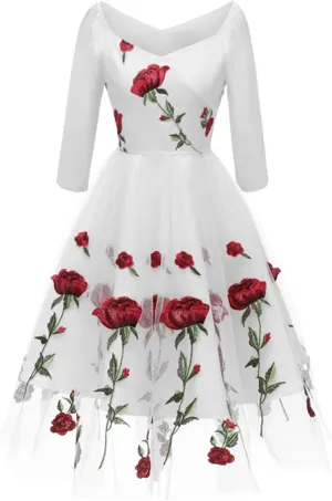 Women 1950s Vintage Pinup Audrey Hepburn Rockabilly Swing Off Shoulder Rose Floral Cocktail Party Dress