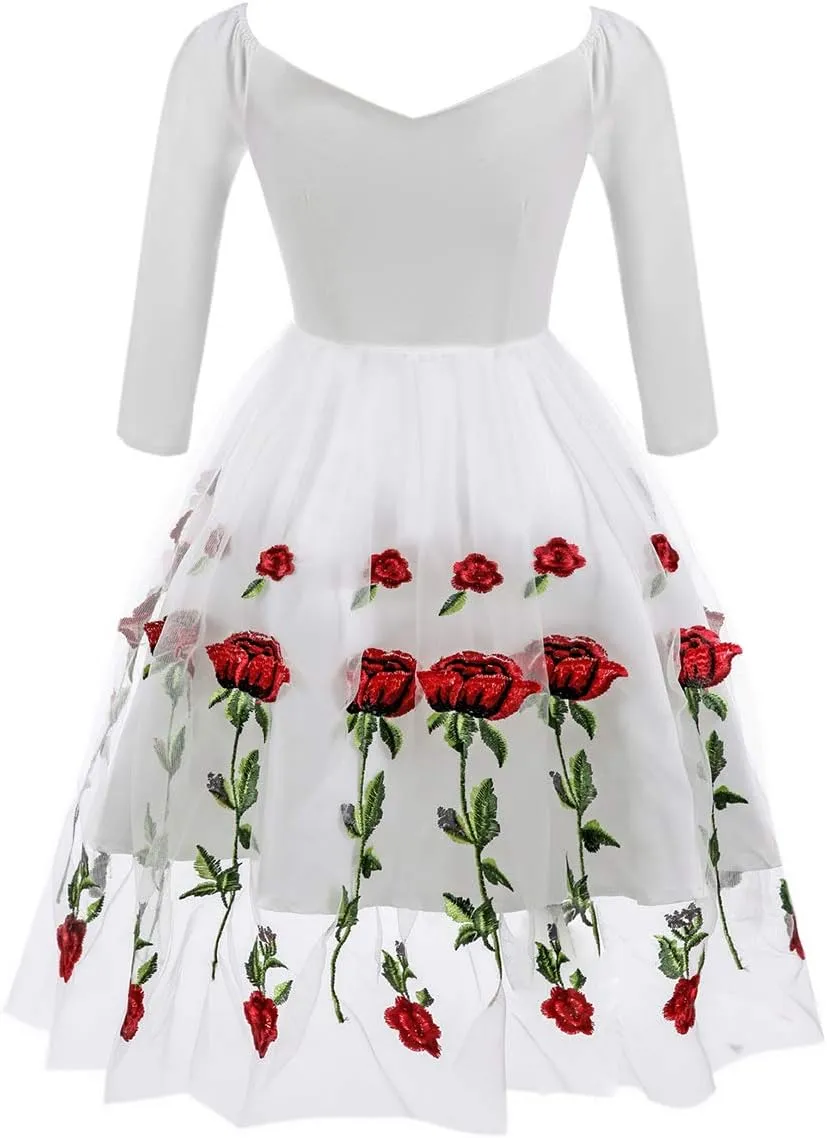 Women 1950s Vintage Pinup Audrey Hepburn Rockabilly Swing Off Shoulder Rose Floral Cocktail Party Dress