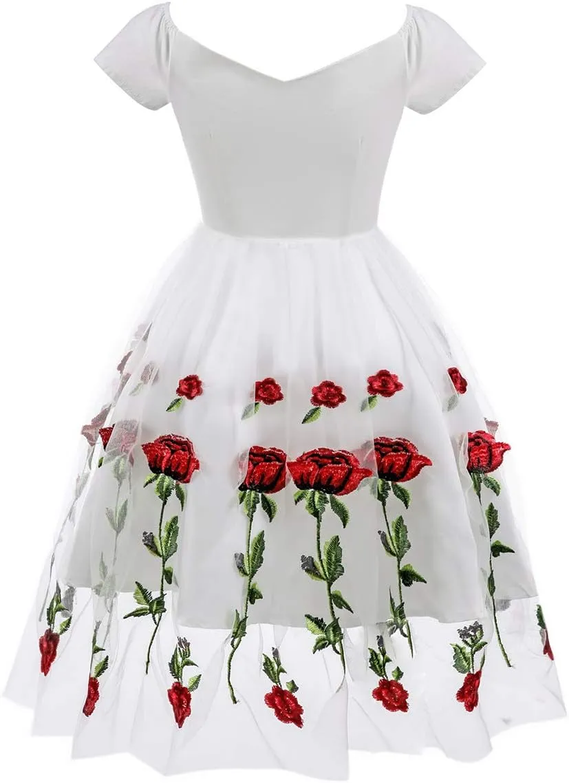 Women 1950s Vintage Pinup Audrey Hepburn Rockabilly Swing Off Shoulder Rose Floral Cocktail Party Dress