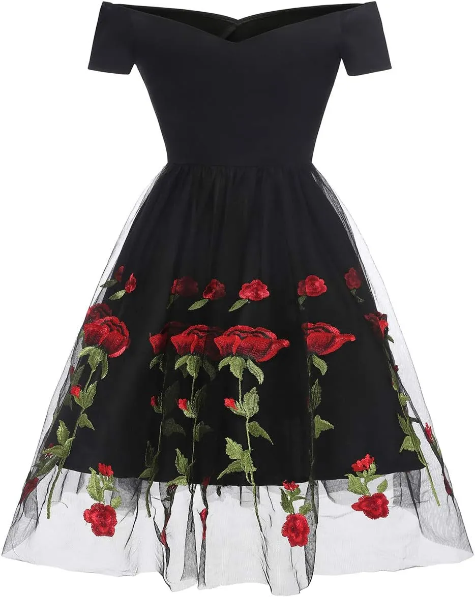 Women 1950s Vintage Pinup Audrey Hepburn Rockabilly Swing Off Shoulder Rose Floral Cocktail Party Dress