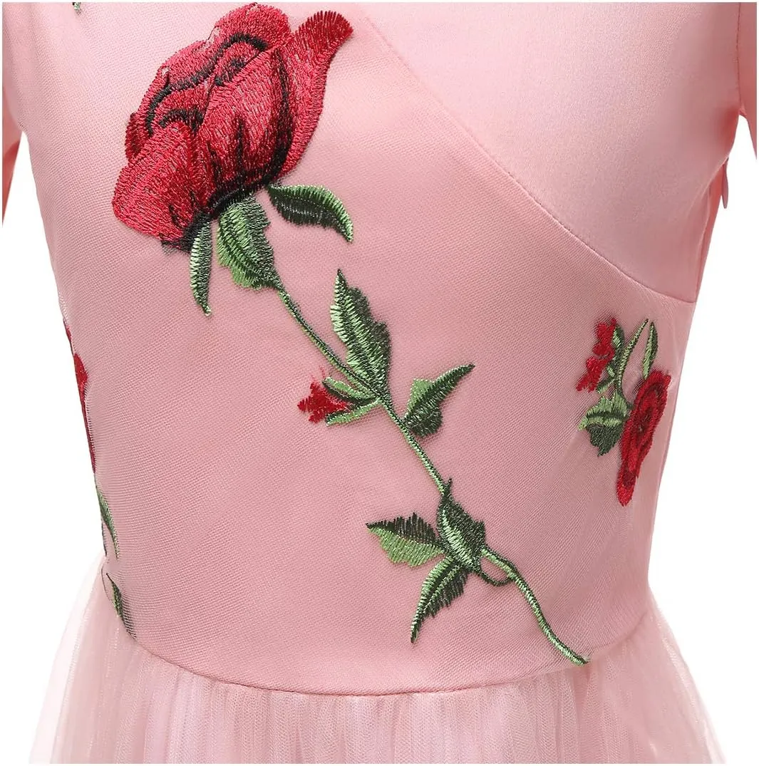 Women 1950s Vintage Pinup Audrey Hepburn Rockabilly Swing Off Shoulder Rose Floral Cocktail Party Dress