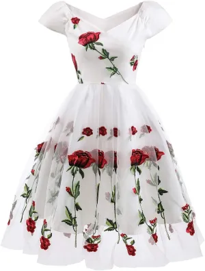 Women 1950s Vintage Pinup Audrey Hepburn Rockabilly Swing Off Shoulder Rose Floral Cocktail Party Dress