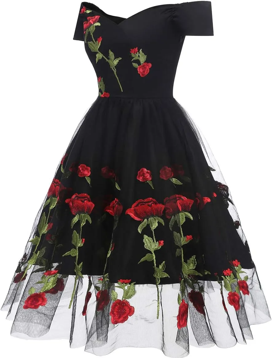 Women 1950s Vintage Pinup Audrey Hepburn Rockabilly Swing Off Shoulder Rose Floral Cocktail Party Dress