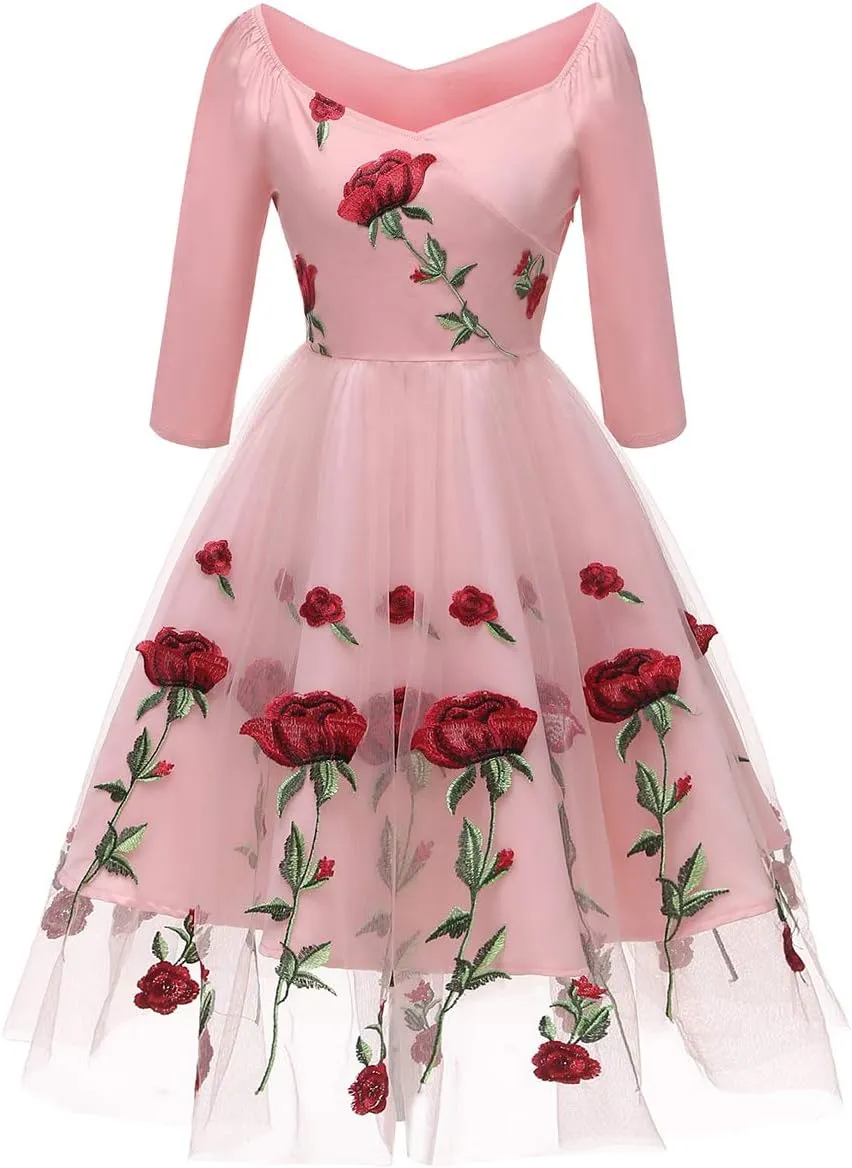 Women 1950s Vintage Pinup Audrey Hepburn Rockabilly Swing Off Shoulder Rose Floral Cocktail Party Dress