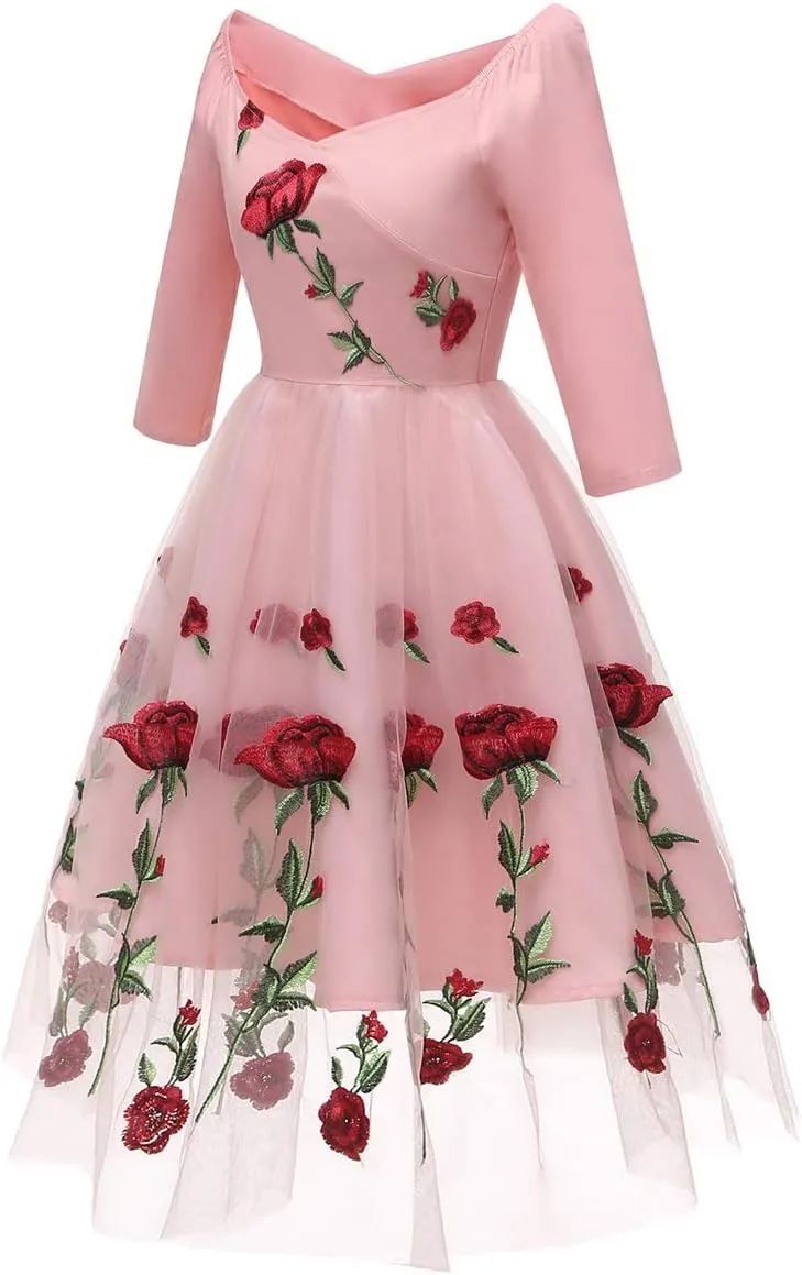 Women 1950s Vintage Pinup Audrey Hepburn Rockabilly Swing Off Shoulder Rose Floral Cocktail Party Dress