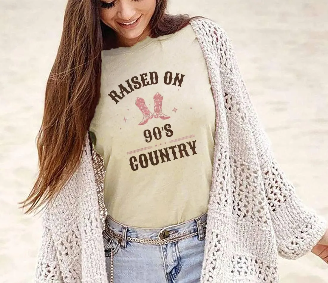 Women Raised On 90S Country Shirts Country Music Tshirt Concert Tee Vintage Casual Short Sleeve Western Top Blouse