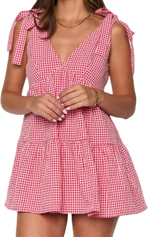 Women Y2k Tie Shoulder Gingham Mini Dress Bow Strap V Neck Babydoll Dress Cute Plaid Short Flowy Dresses