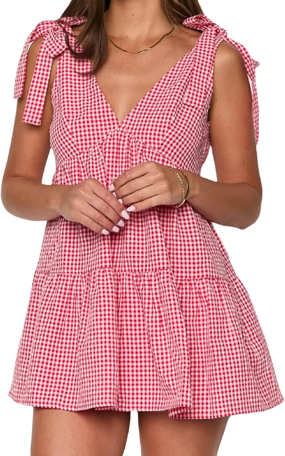 Women Y2k Tie Shoulder Gingham Mini Dress Bow Strap V Neck Babydoll Dress Cute Plaid Short Flowy Dresses