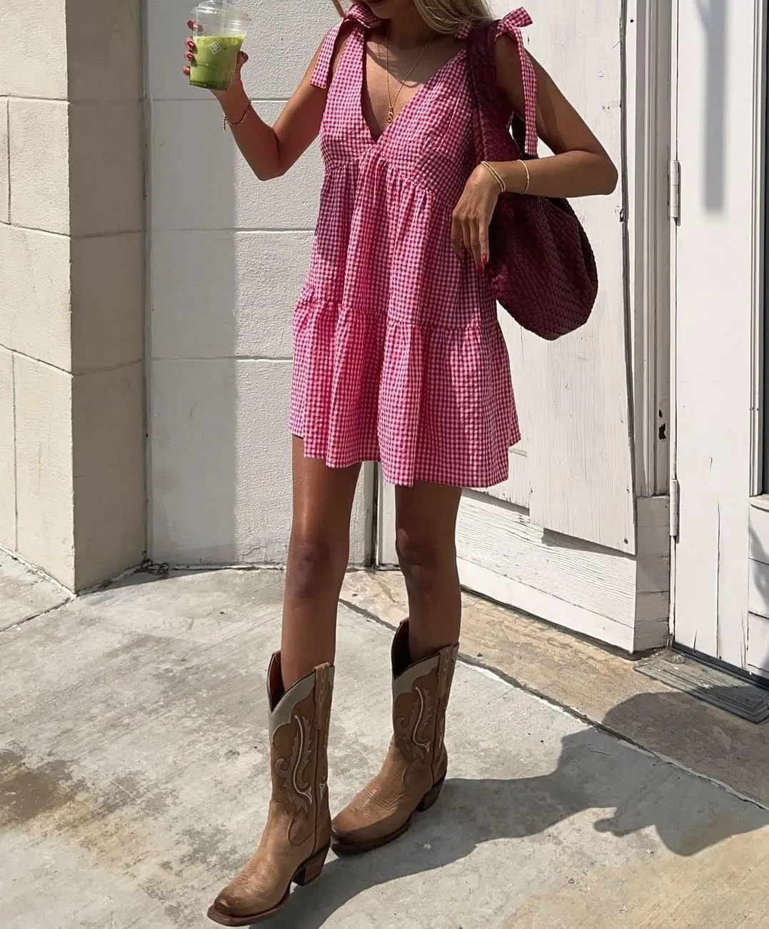Women Y2k Tie Shoulder Gingham Mini Dress Bow Strap V Neck Babydoll Dress Cute Plaid Short Flowy Dresses