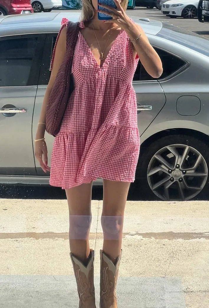 Women Y2k Tie Shoulder Gingham Mini Dress Bow Strap V Neck Babydoll Dress Cute Plaid Short Flowy Dresses