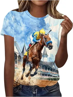 Womens Horse Racing Tops Short Sleeve Vintage Shirts Summer Funny Graphic Print Tee Blouses Holiday Workout Clothes