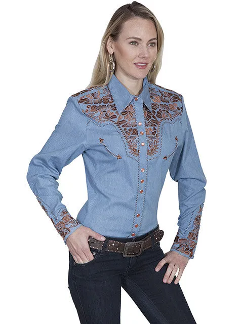 Women's Vintage Western Shirt Collection: Scully Gunfighter Denim Blue & Rust