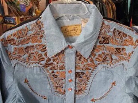 Women's Vintage Western Shirt Collection: Scully Gunfighter Denim Blue & Rust