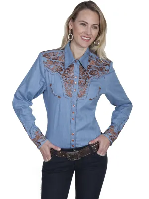 Women's Vintage Western Shirt Collection: Scully Gunfighter Denim Blue & Rust